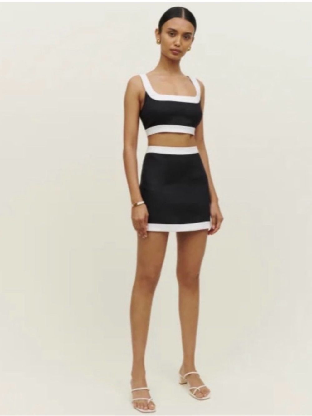 NWOT Reformation Robbie Linen Two Piece in Black White Sleeveless Top Skirt - Picture 4 of 7